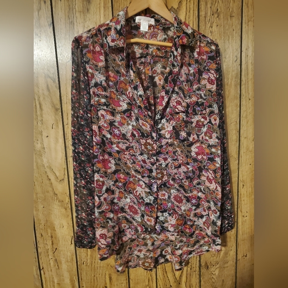 BAND OF GYPSIES Semi Sheer Floral Boho Button Down Blouse - Medium - Picture 2 of 6